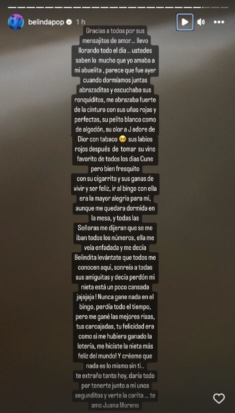 Belinda recuerda a su abuelita con un conmovedor mensaje