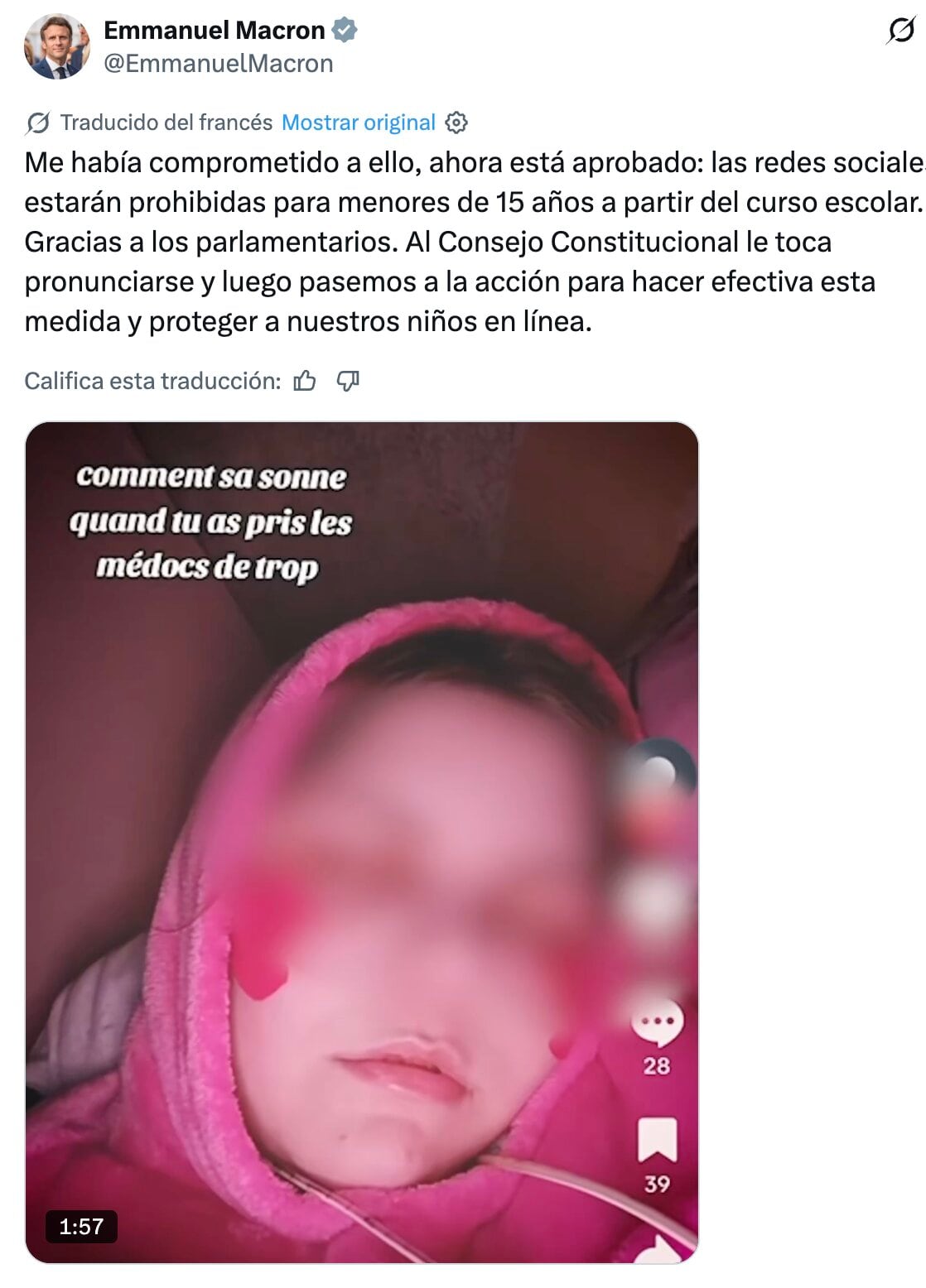 Emmanuel Macrón sobre la prohibición de redes sociales