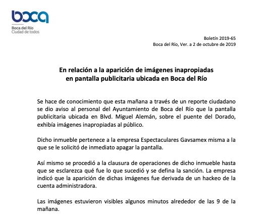 Comunicado del gobierno municipal aclara que se trató de un hackeo.
