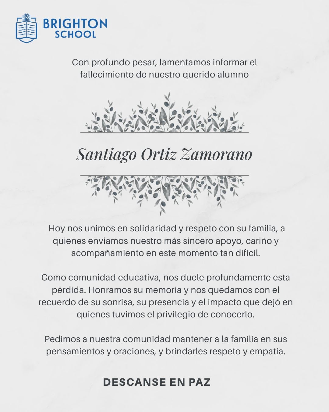 Comunicado de Brighton School ante la muerte de su estudiante en Monterrey.
