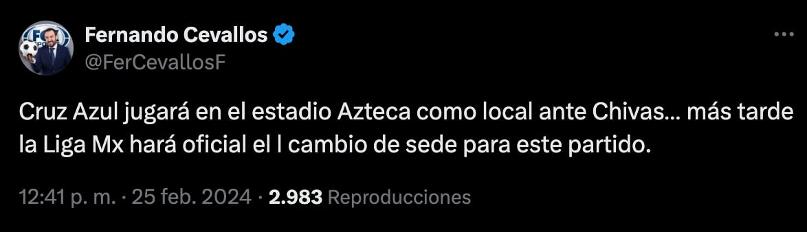 Cruz Azul vs Chivas será en el Estadio Azteca
