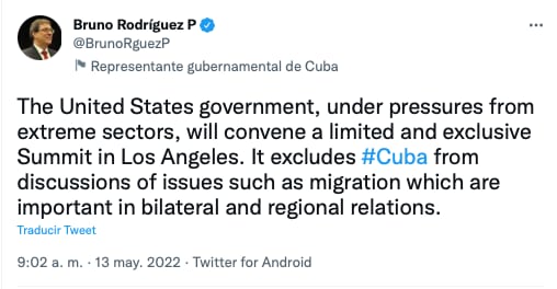 Cuba pide a Estados Unidos una Cumbre de las Américas 2022 inclusiva/Twitter