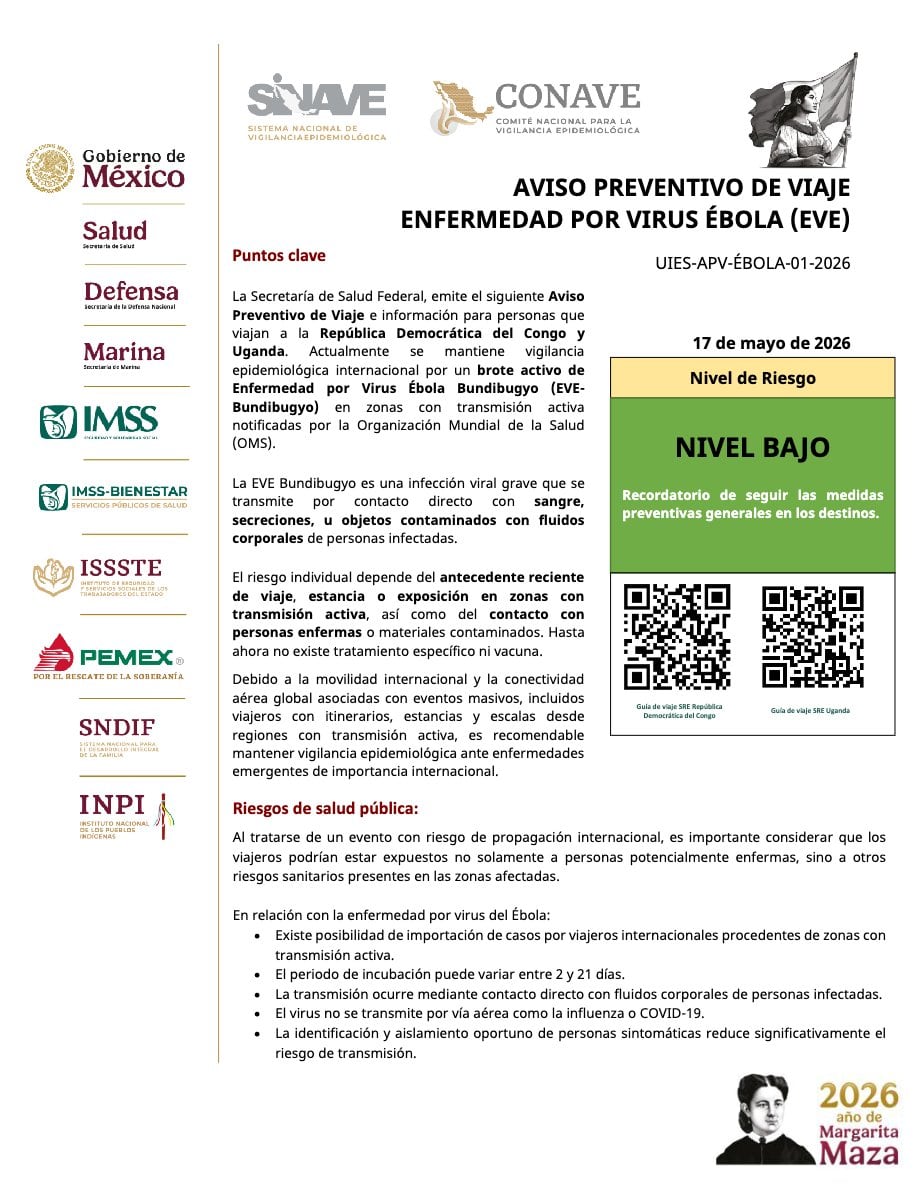 México emite aviso preventivo de viaje tras brote de ébola declarado por la OMS