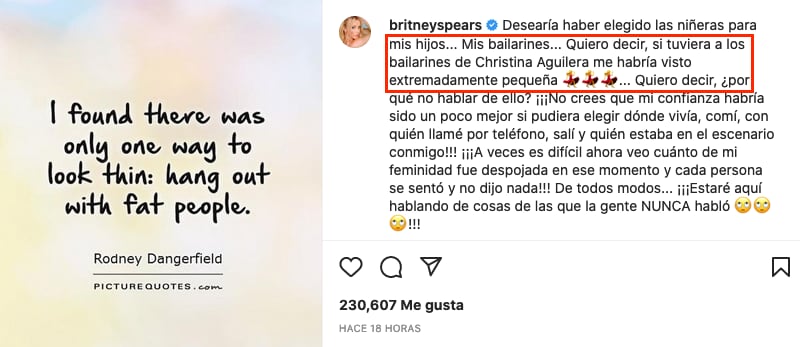 Britney Spears lanza mensaje gordofóbico y menciona a Christina Aguilera.