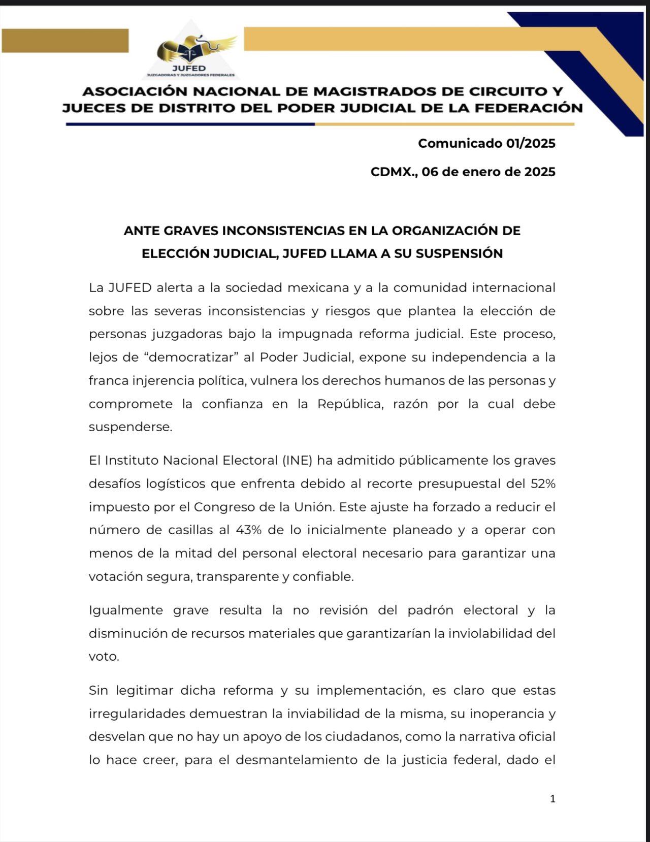 Comunicado de la JUFED, donde jueces advierten sanciones contra funcionarios de casilla en elecciones 2025 del Poder Judicial
