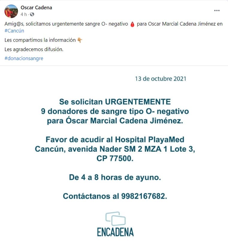 Piden donadores de sangre para Óscar Cadena