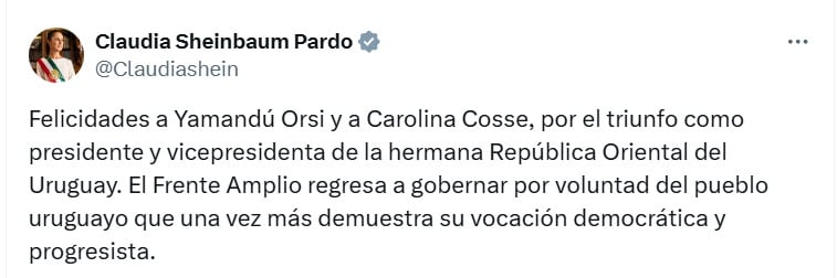 Claudia Sheinbaum felicita al presidente electo de Uruguay