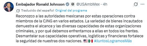 Ronald Johnson reconoce a México tras detener a 20 presuntos integrantes del CJNG