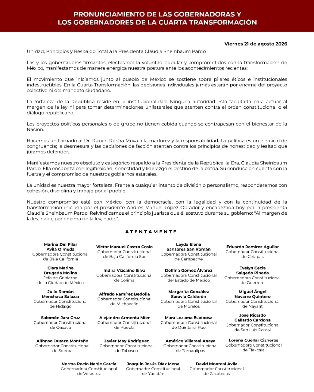 Gobernadoras y gobernadores de la 4T expresan respaldo a Claudia Sheinbaum.