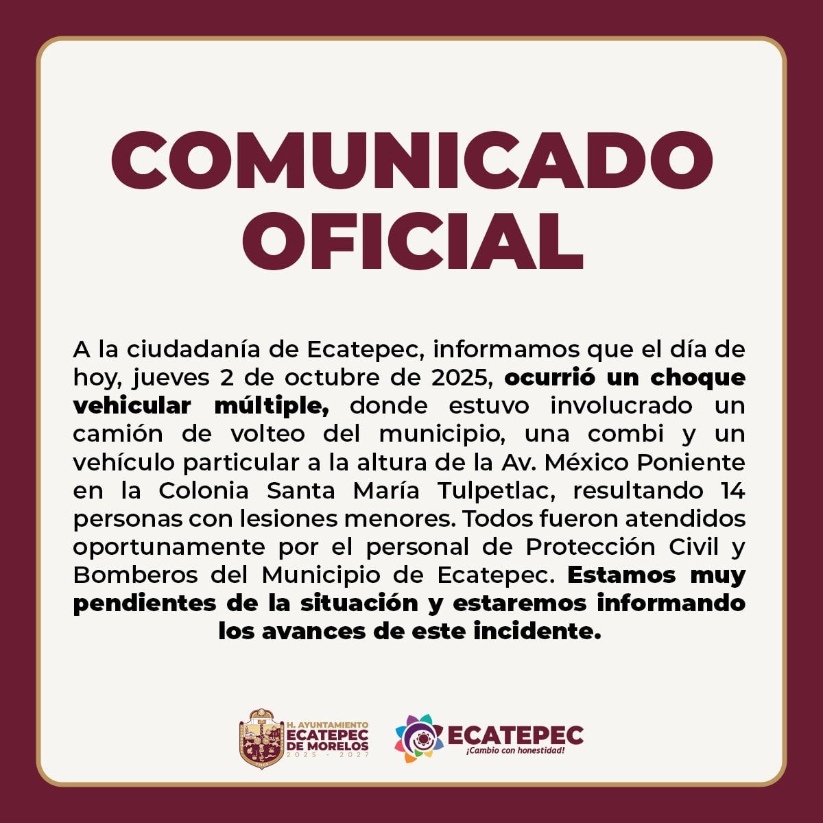 Comunicado sobre el choque múltiple en Ecatepec