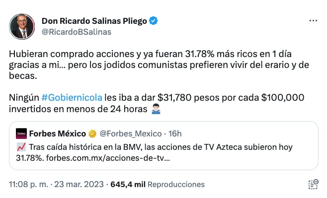 Ricardo Salinas Pliego presume resurrección de TV Azteca tras anuncio de bancarrota