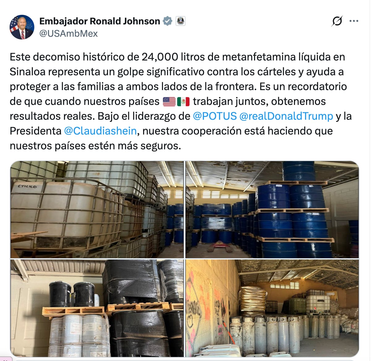 Ronald Johnson destaca histórico decomiso de metanfetamina líquida en Sinaloa