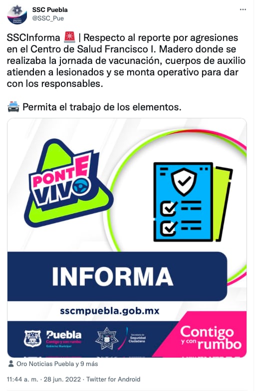 Secretaría de Seguridad Ciudadana del municipio de Puebla confirma balacera en centro de vacunación de Covid-19/Twitter