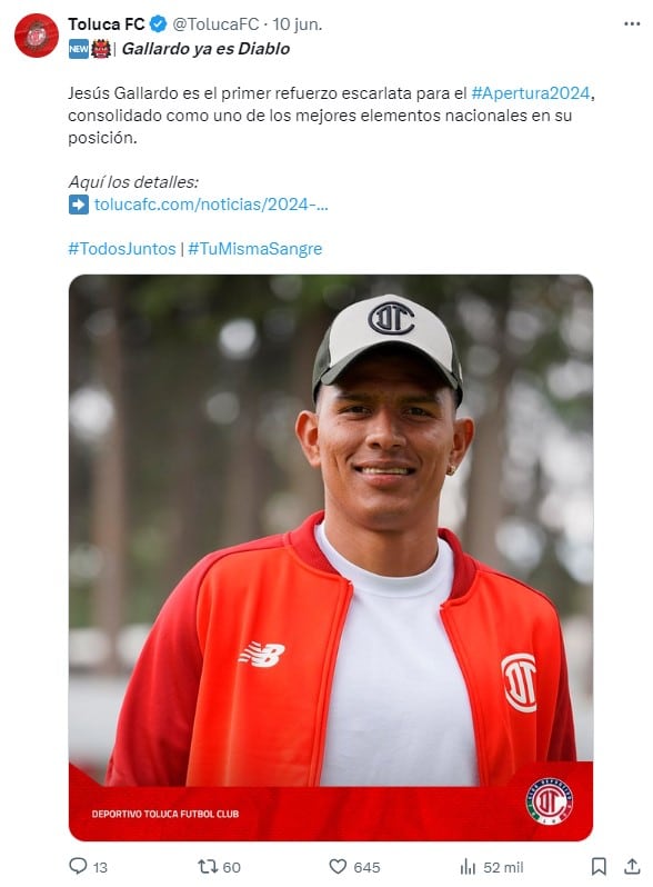 Jesús Gallardo es refuerzo de Toluca