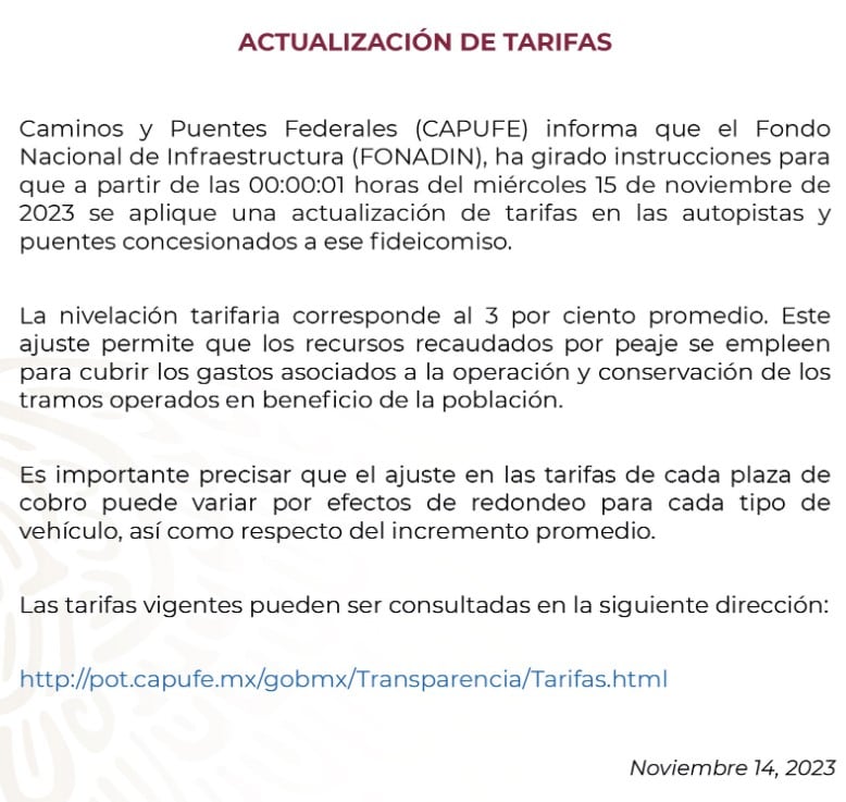 Comunicado sobre el aumento en la tarifa de los peajes en las autopistas en noviembre de 2023