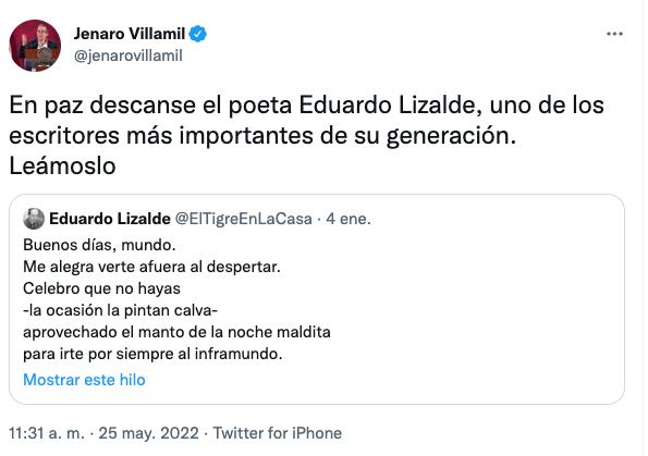 Jenaro Villamil lamenta la muerte de Eduardo Lizalde