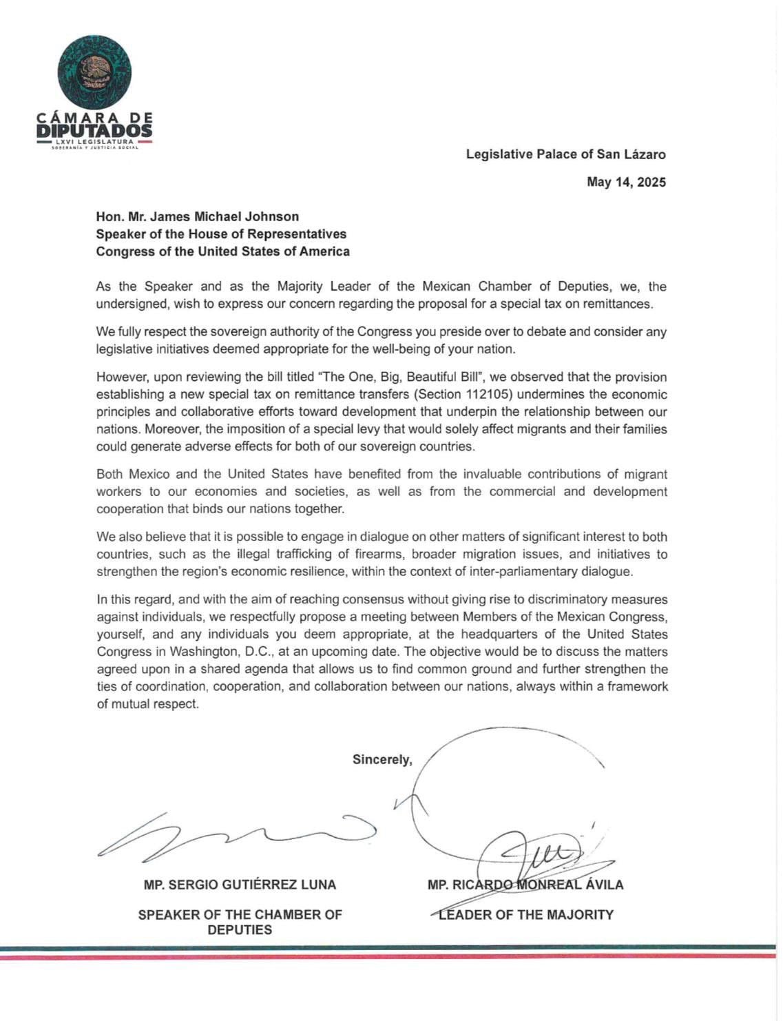 Carta de la Cámara de Diputados enviada al Congreso de Estados Unidos.
