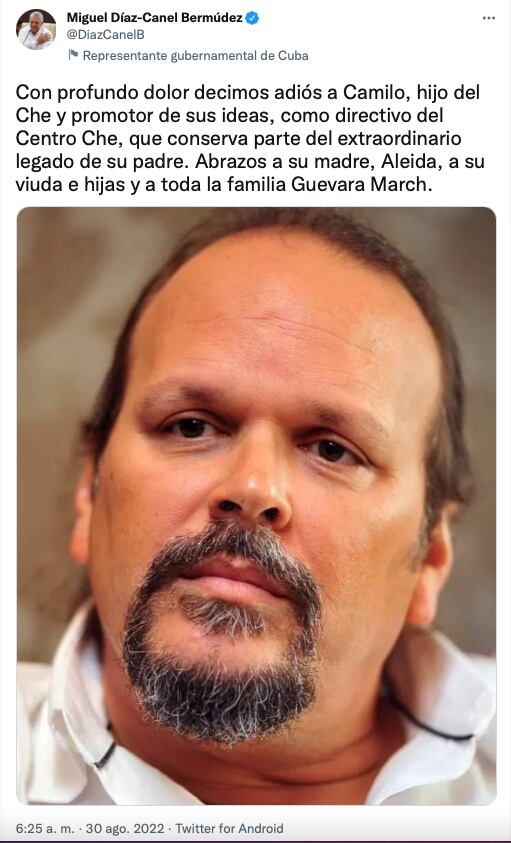 Manuel Díaz-Canel, presidente de Cuba informa sobre la muerte del hijo del Che Guevara/@DiazCanelB