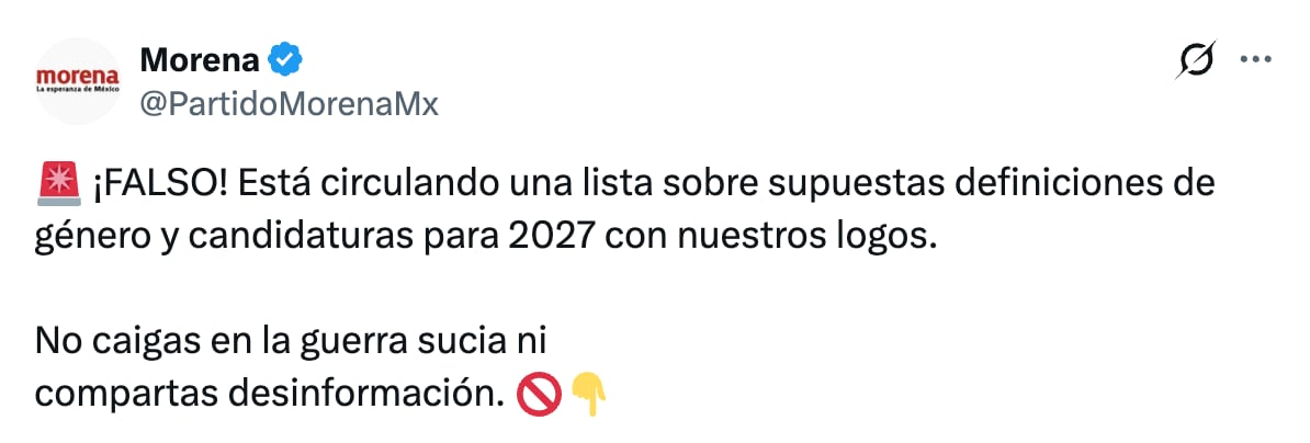 Morena desmiente falsa lista de candidaturas para 2027 y acusa guerra sucia