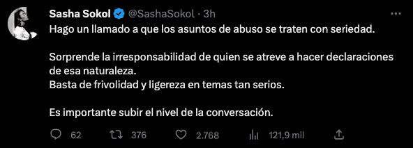Sasha Sokol condena las declaraciones de Javier Dueñas