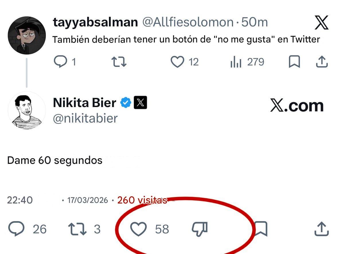 Nikita Bier agrega botón de "no me gusta" a X.