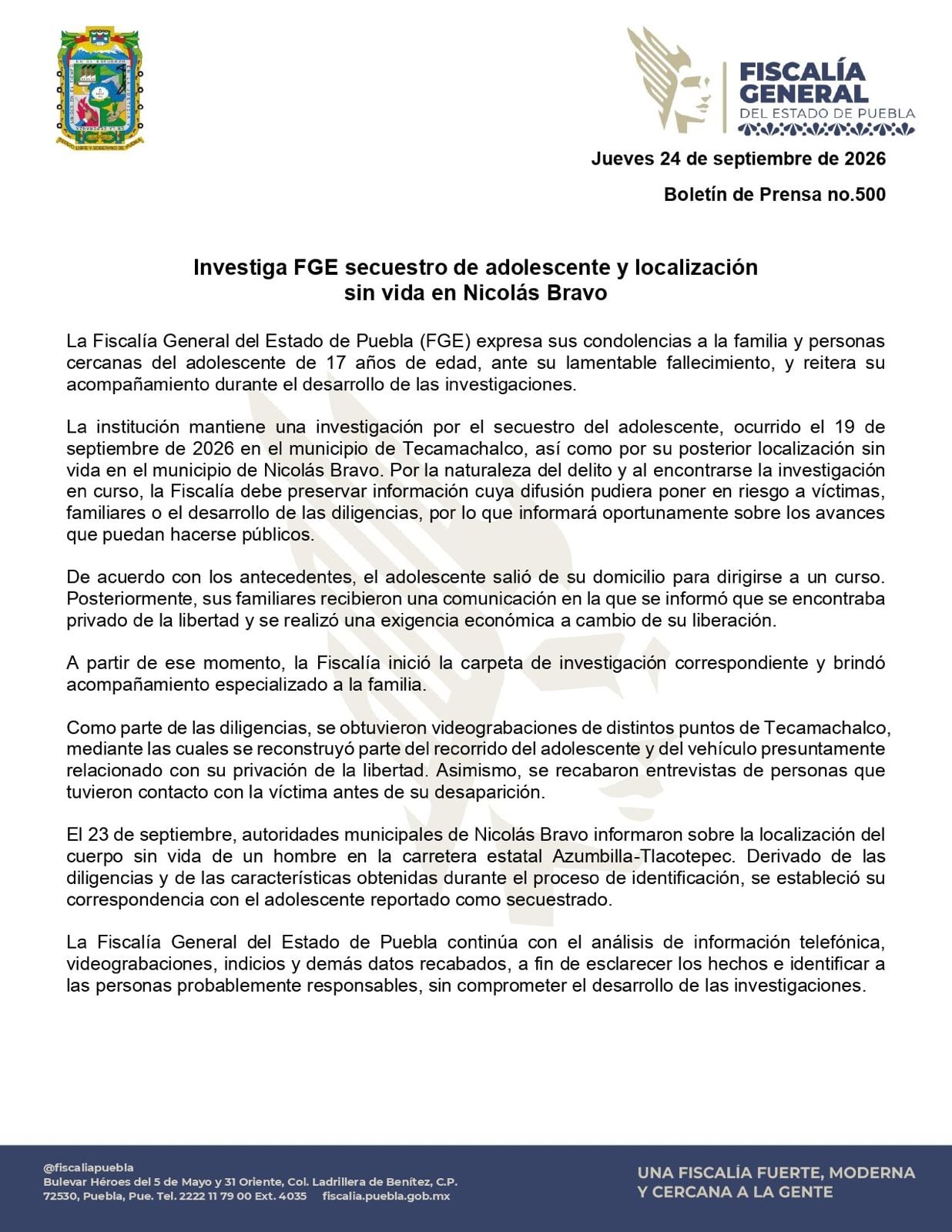 Fiscalía General del Estado de Puebla confirma secuestro y asesinato del hijo del alcalde de Tecamachalco