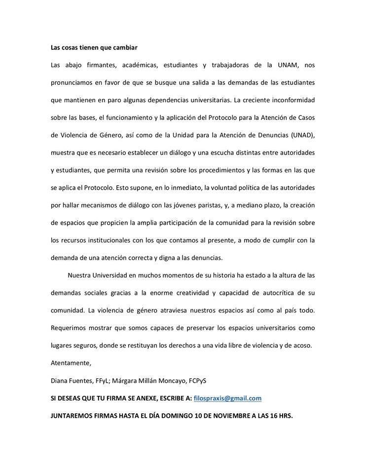 Pronunciamiento de académicas, trabajadoras y alumnas de la UNAM.
