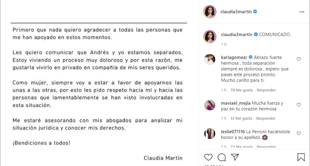 Claudia Martín separación Andrés Tovar