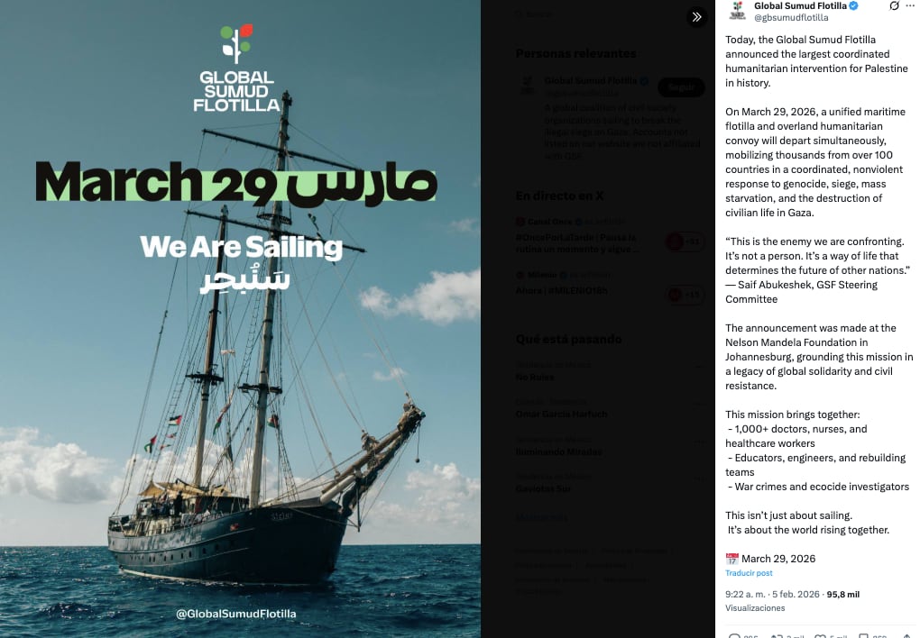 Flotilla Global Sumud viajará a Gaza como parte de una nueva misión humanitaria