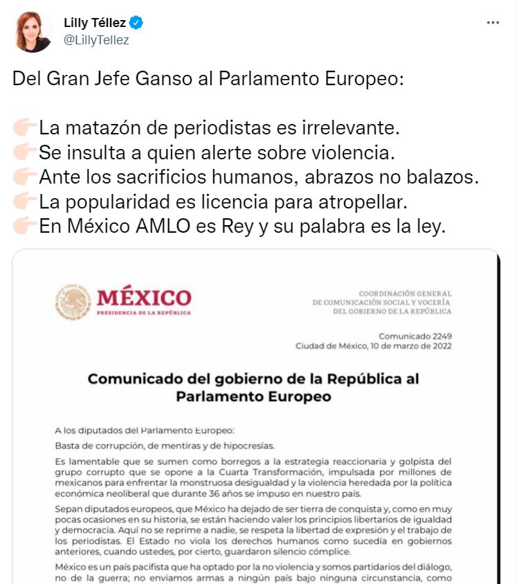 Lilly Téllez interpreta comunicado de AMLO al Parlamento Europeo