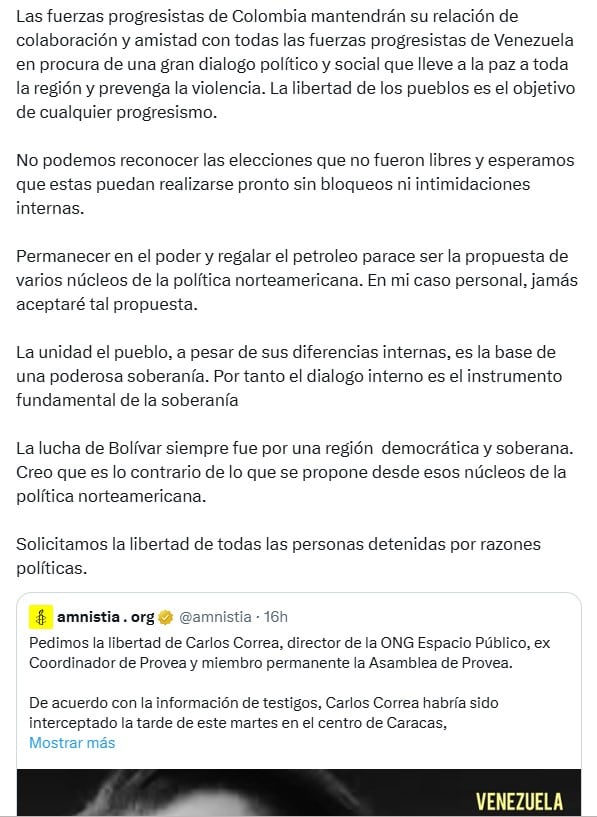 Gustavo Petro, presidente de Colombia, batea la toma de posesión de Nicolás Maduro