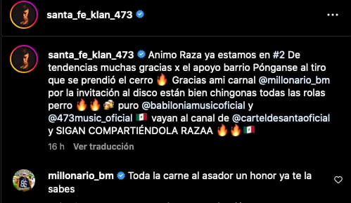 Comentario de Santa Fe Klan mostrando respeto por El Millonario.