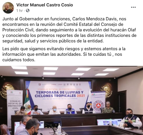 Víctor Manuel Castro Cosío en reunión por huracán "Olaf"