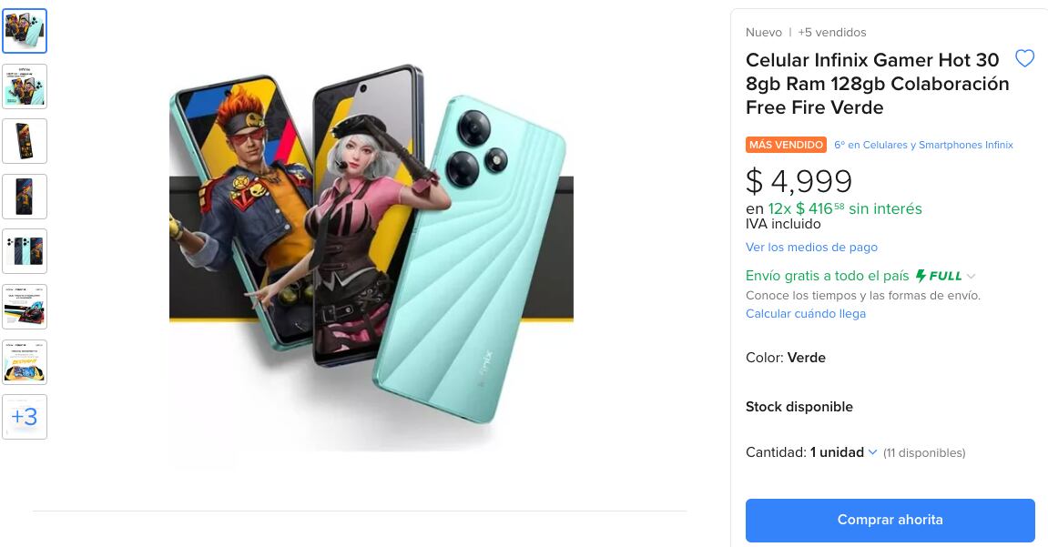 Celular Infinix Hot 30 con colaboración de Free Fire