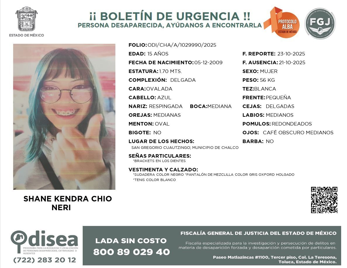 Ficha de búsqueda de Shane Kendra Chio Neri, estudiante del CCH Vallejo desaparecida hace 7 días