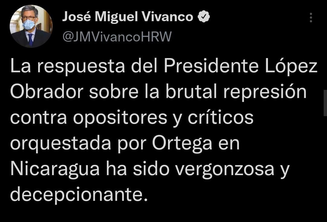 José Miguel Vivanco califica de “vergonzosa” la respuesta de AMLO ante crisis de Nicaragua