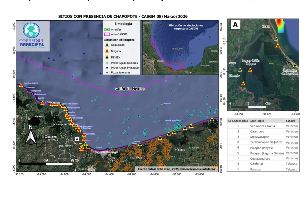 Corredor Arrecifal del Golfo de México con localización del derrame de petróleo.