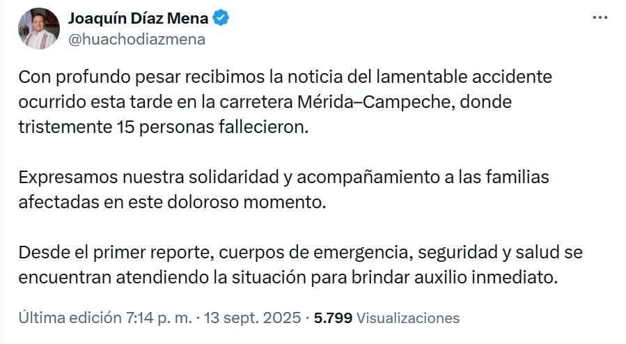 Gobernador sobre choque en carretera Mérida-Campeche