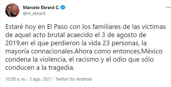 Ebrard viaja a El Paso, Texas para conmemorar matanza de 23 personas