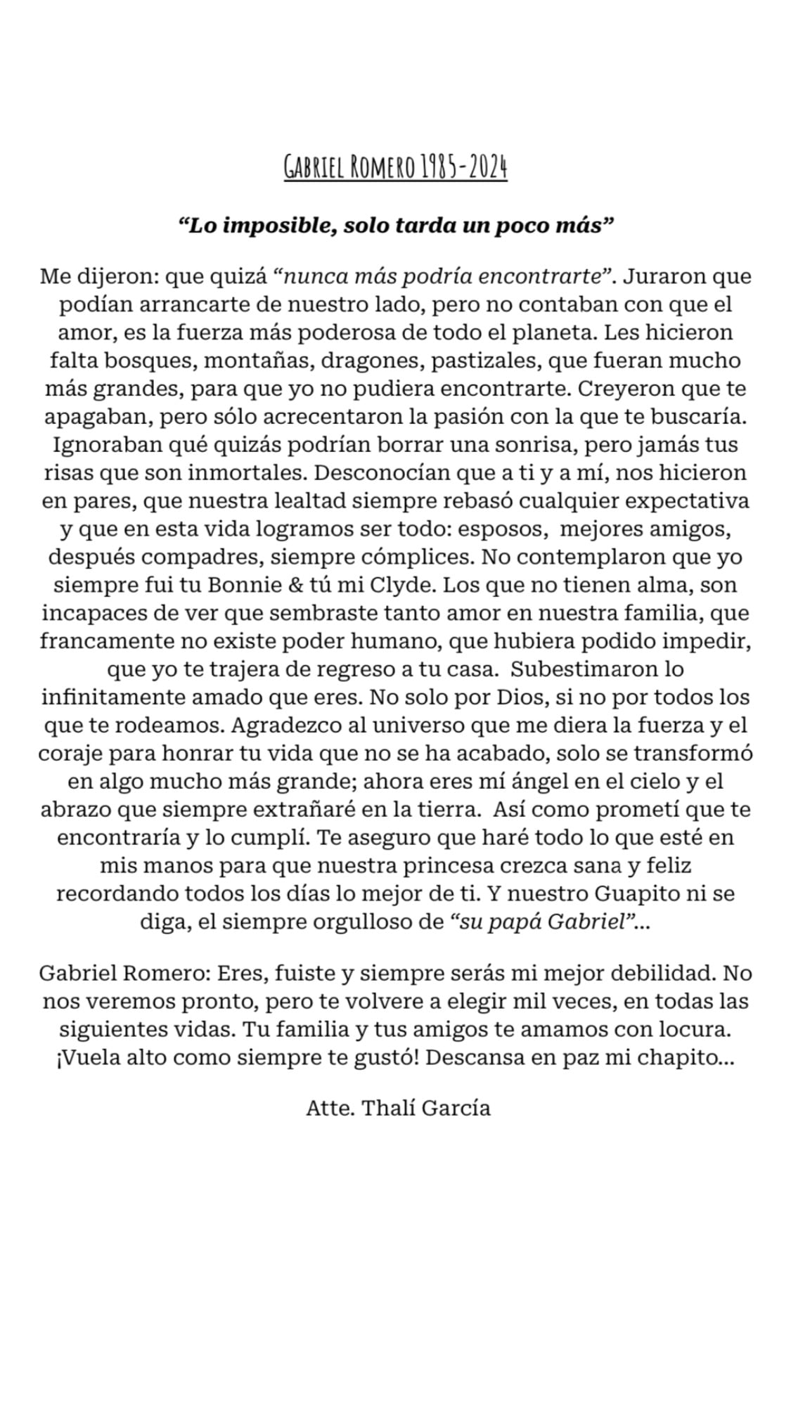 Thalia García le dedica mensaje a su ex esposo Gabriel Romero tras confirmar su muerte