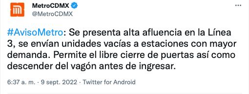 usuarios se quejan de retrasos de la línea 3 del metro/captura de pantalla de Twitter