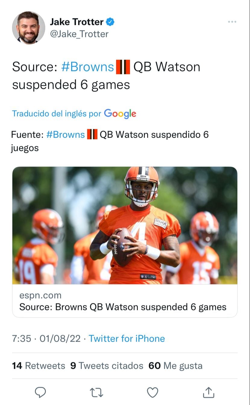 Deshaun Watson será suspendido con 6 partidos.