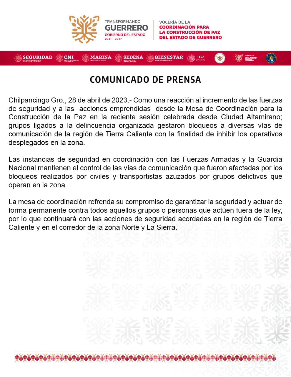Comunicado de la Coordinación para la Construcción de Paz del Estado de Guerrero tras bloqueos en Tierra Caliente