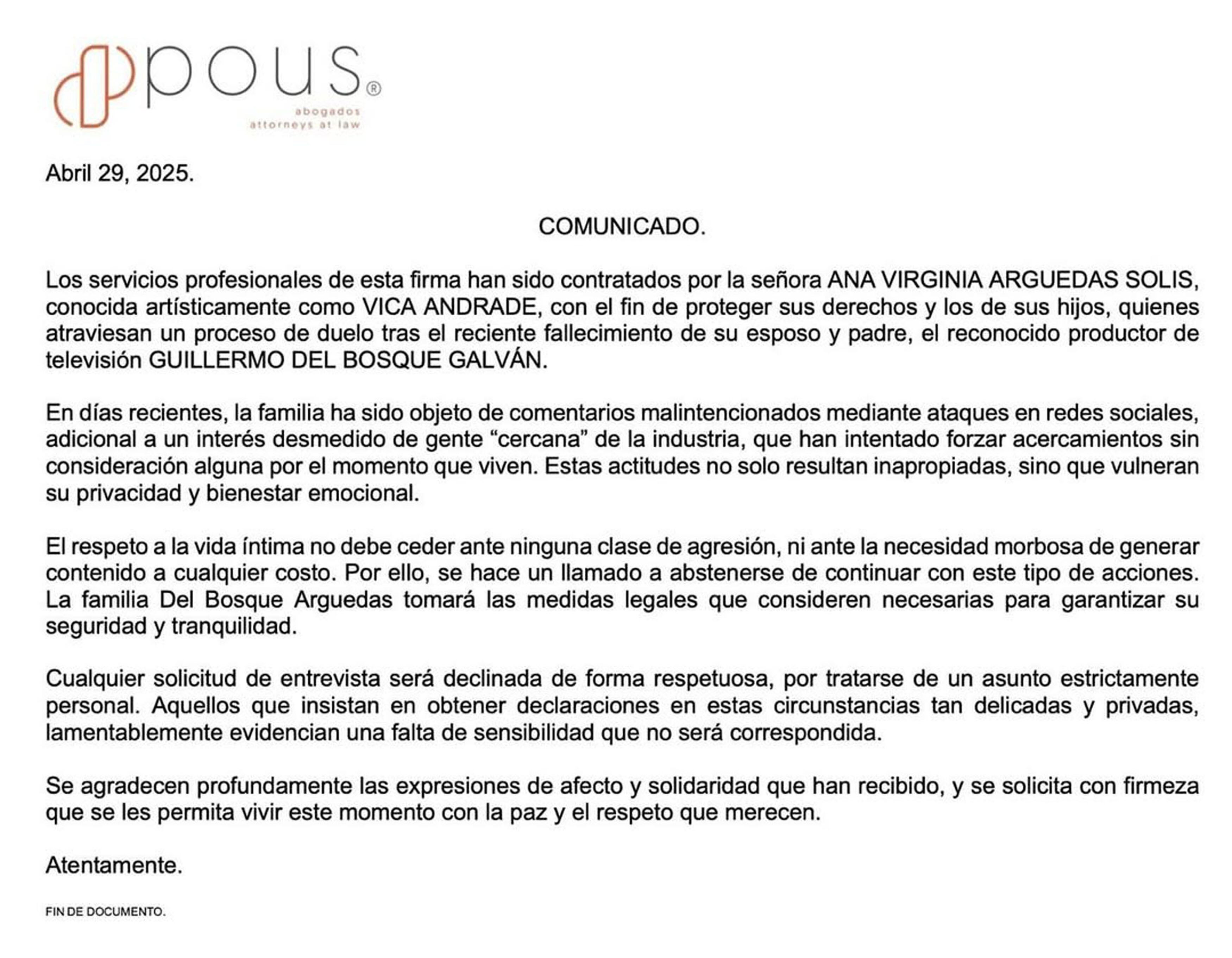 Comunicado de Vica Andrade sobre chismes tras la muerte de Memo del Bosque.