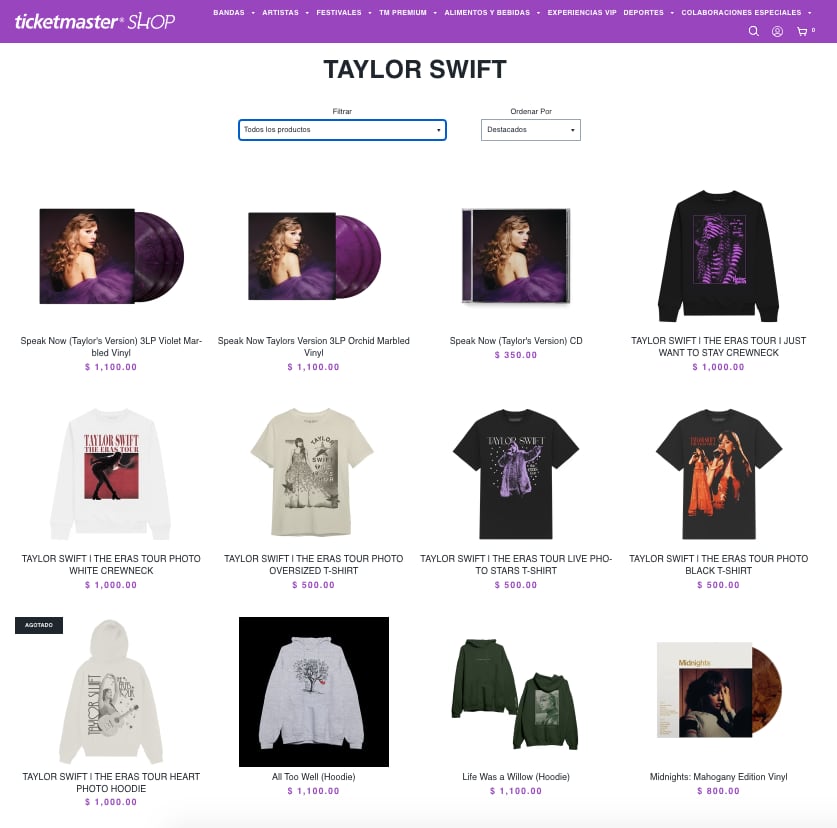 Ticketmaster vende la merch oficial de Taylor Swift para sus conciertos en México