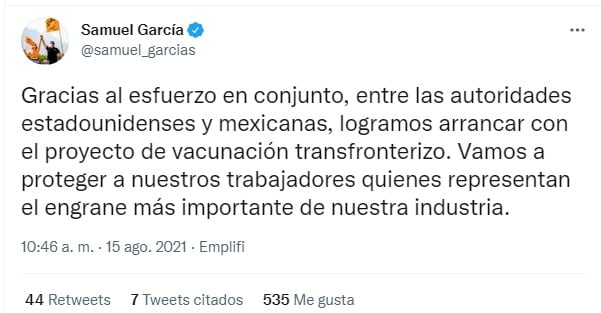 Tuit de Samuel García sobre caravanas de vacunación