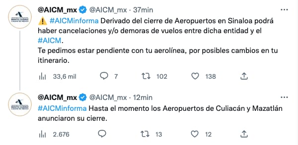 AICM suspende actividades con el Aeropuerto Internacional de Culiacán y Mazatlán