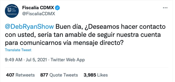 Tuit de la Fiscalía de la CDMX