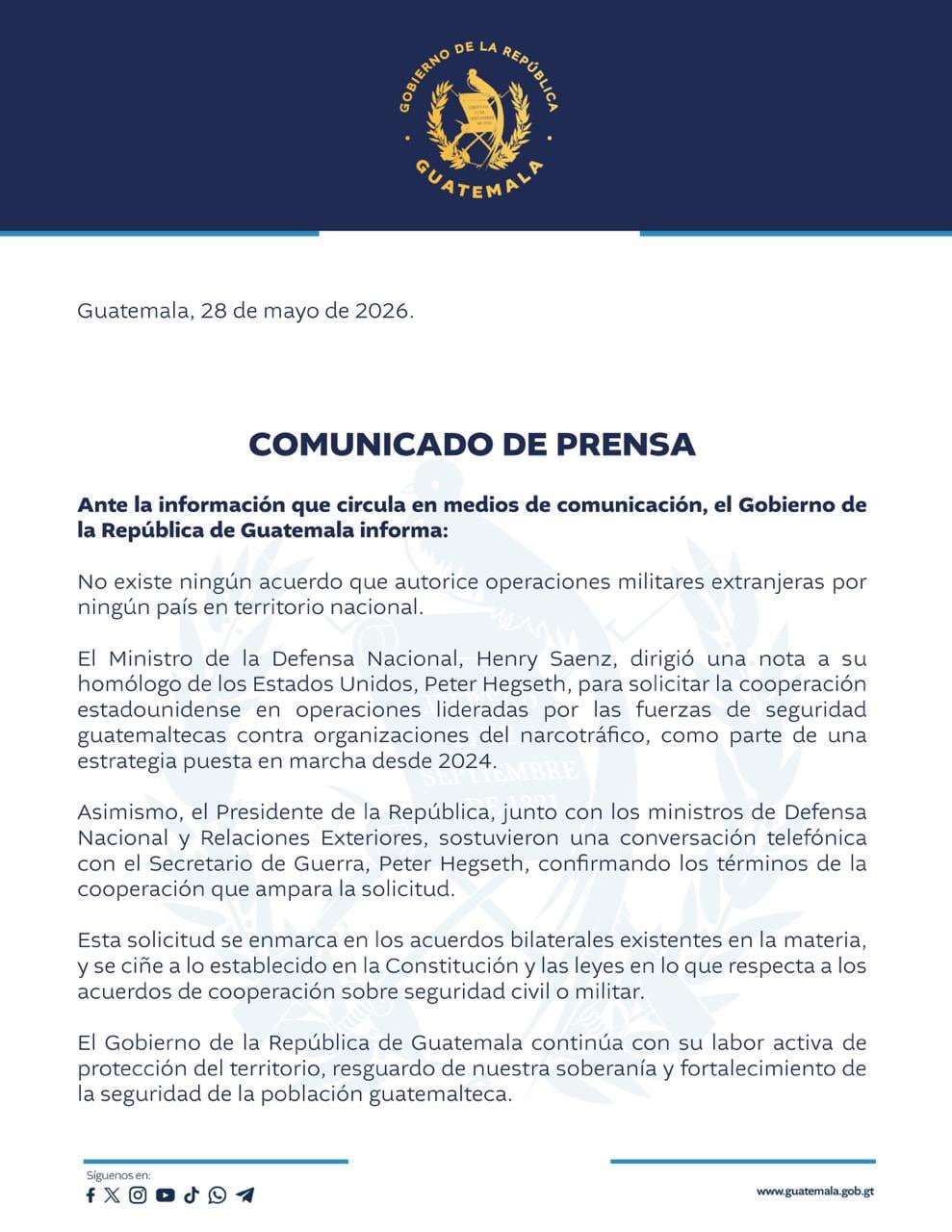 Guatemala publica comunicado sobre supuestas operaciones militares conjuntas con Estados Unidos