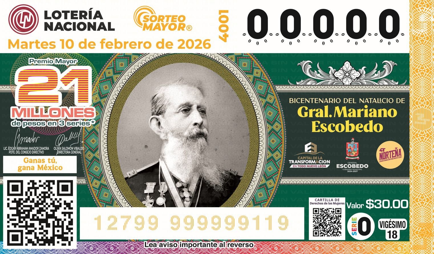 Lotería Nacional rinde homenaje a Mariano Escobedo con billete conmemorativo.